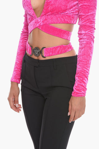 Velour Cropped Fit Hoodie with Jeweled Buckle
