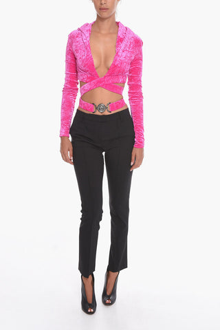 Velour Cropped Fit Hoodie with Jeweled Buckle