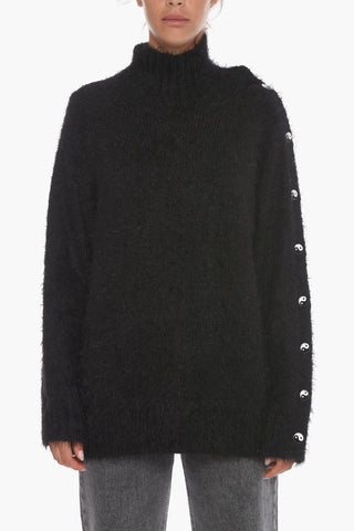 Fuzzy Turtleneck Sweater with Decorative Buttons