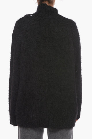 Fuzzy Turtleneck Sweater with Decorative Buttons