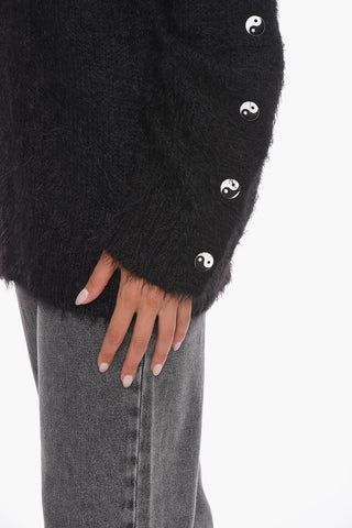 Fuzzy Turtleneck Sweater with Decorative Buttons