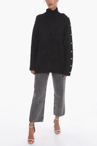 Fuzzy Turtleneck Sweater with Decorative Buttons