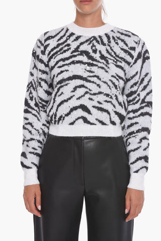 Crystal-embellished Mohair Crewneck Sweater in Zebra print