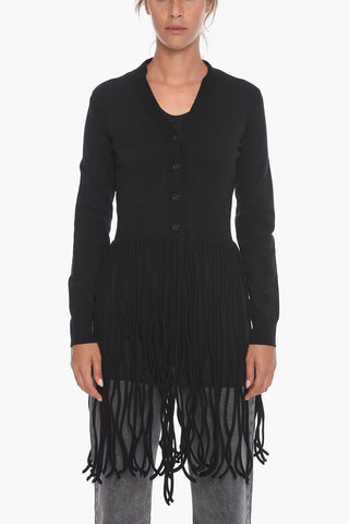 Buttoned Wool Blend Cardigan with Maxi-fringes