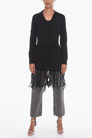 Buttoned Wool Blend Cardigan with Maxi-fringes