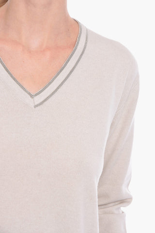 Maglia Collo V in Lana Vergine con Dettaglio Perline