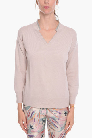 Maglia Collo V in Lana Vergine con Dettaglio Perline