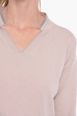 Maglia Collo V in Lana Vergine con Dettaglio Perline