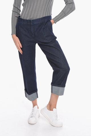 Jeans Crop in Denim Lavaggio Scuro con Dettaglio Perline