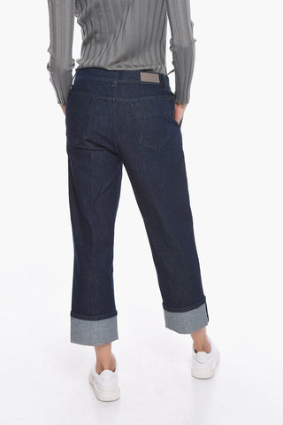 Jeans Crop in Denim Lavaggio Scuro con Dettaglio Perline