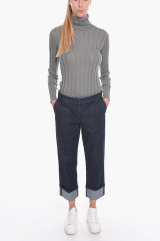 Jeans Crop in Denim Lavaggio Scuro con Dettaglio Perline