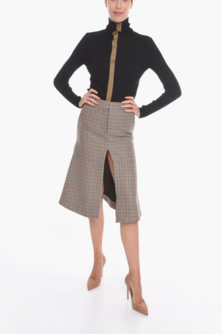 Wool Flared Skirt with Multicolored Pied de Poule Pattern