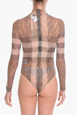 Body in Pizzo a Collo Alto con Fantasia a Quadri