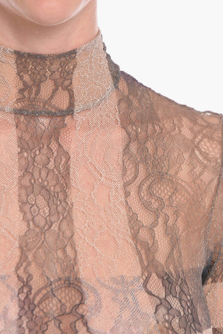 Body in Pizzo a Collo Alto con Fantasia a Quadri