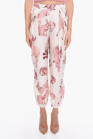 Pantaloni Loose Fit in Seta con Stampa Fauna