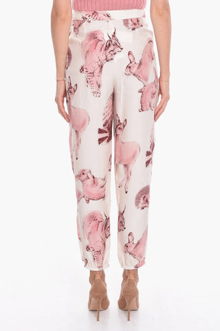 Pantaloni Loose Fit in Seta con Stampa Fauna