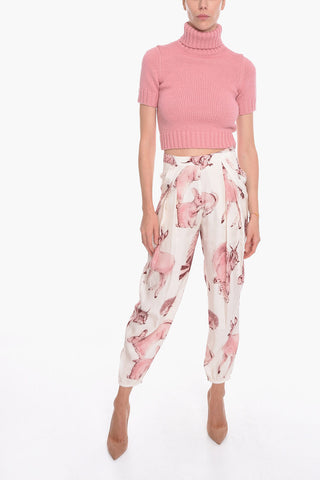 Pantaloni Loose Fit in Seta con Stampa Fauna