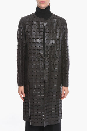 Woven Leather Coat SATINE with Drawstring