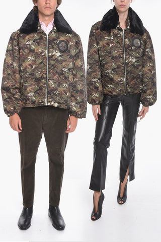 Padded Jacket with Camouflage Pattern and Eco-Fur Collar