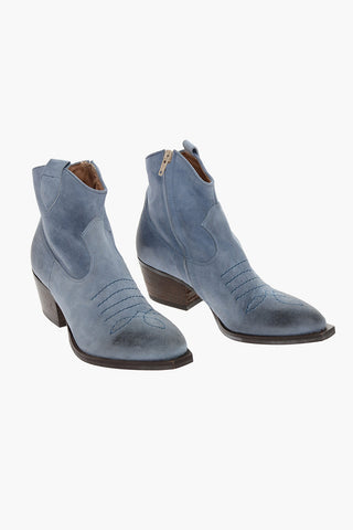 Denim Effect Suede Western Boots with Side Zip 5,5cm
