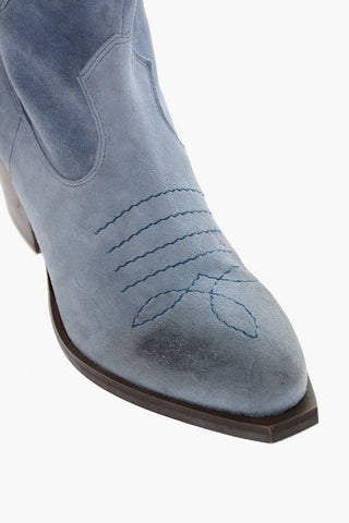 Denim Effect Suede Western Boots with Side Zip 5,5cm