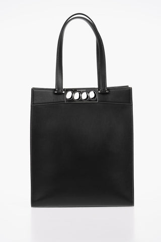 Leather BRASS KNUCKLES Tote Bag with Visible Stitchings