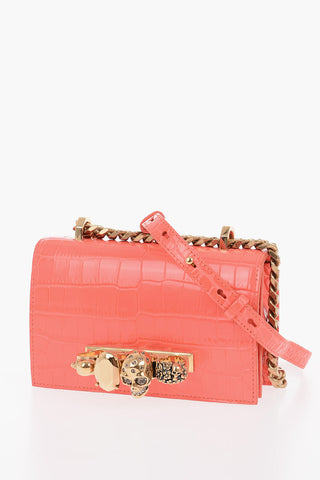 Crocodile Embossed Leather JEWELED Shoulder Bag