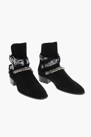 Stivali in Pelle Scamosciata con Doppia Fibbia e Dettagli Motivo Bandana 4cm
