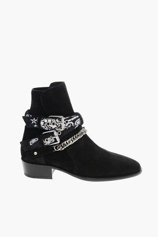Stivali in Pelle Scamosciata con Doppia Fibbia e Dettagli Motivo Bandana 4cm