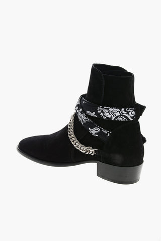 Stivali in Pelle Scamosciata con Doppia Fibbia e Dettagli Motivo Bandana 4cm