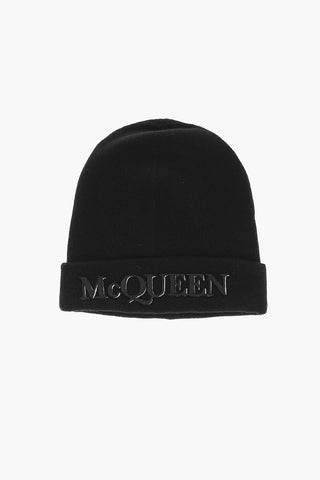 Solid Color Wool and Cashmere Beanie with Embossed Logo