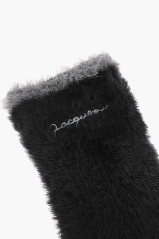 Fluffy Faux Fur Long Gloves with Embroidered Logo