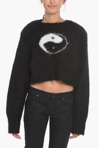 Fuzzy Fabric crew-Neck Sweateer with Padded Shoulders