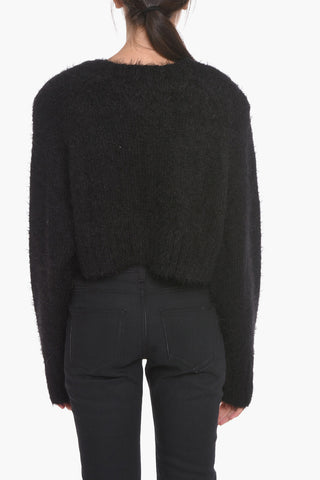 Fuzzy Fabric crew-Neck Sweateer with Padded Shoulders