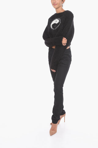 Fuzzy Fabric crew-Neck Sweateer with Padded Shoulders