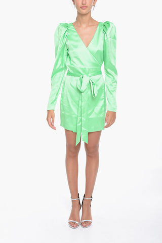 Satin BRIDGET Wrap Mini Dress with Leg-O-Mutton Sleeve