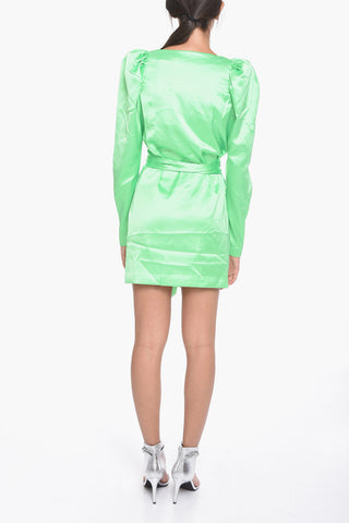 Satin BRIDGET Wrap Mini Dress with Leg-O-Mutton Sleeve