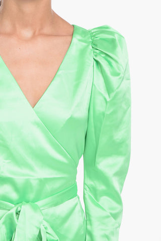Satin BRIDGET Wrap Mini Dress with Leg-O-Mutton Sleeve