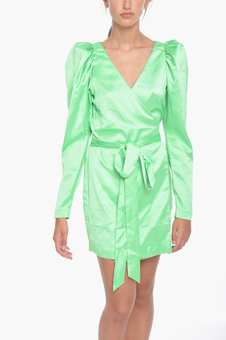 Satin BRIDGET Wrap Mini Dress with Leg-O-Mutton Sleeve