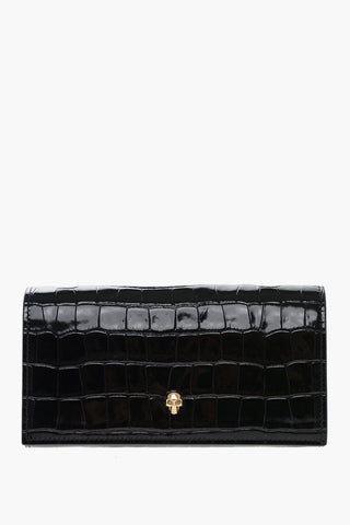 Crocodile Effect Patent Leather Wallet with Golden Skull