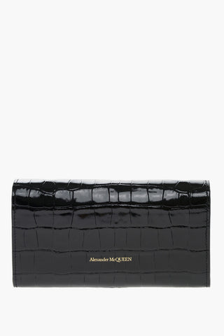 Crocodile Effect Patent Leather Wallet with Golden Skull