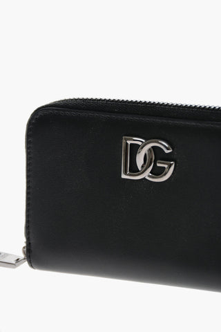Leather Wallet with Zip Closure and Silver-Tone Logo
