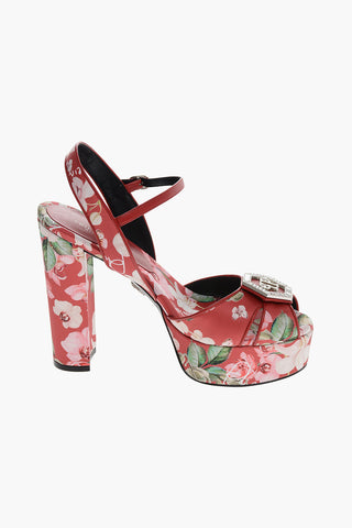 Floral Motif Satin T-strap Pumps with Jewel Logo 14cm