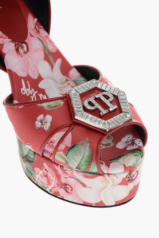 Floral Motif Satin T-strap Pumps with Jewel Logo 14cm