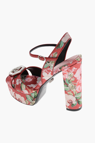 Floral Motif Satin T-strap Pumps with Jewel Logo 14cm
