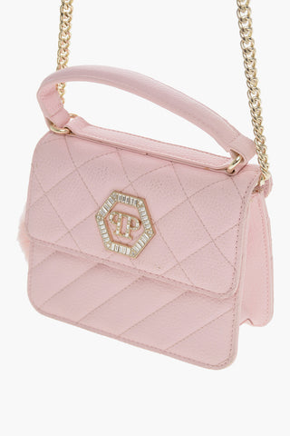 Borsa in Ecopelle Trapuntata con Tracolla a Catena e Logo Gioiello