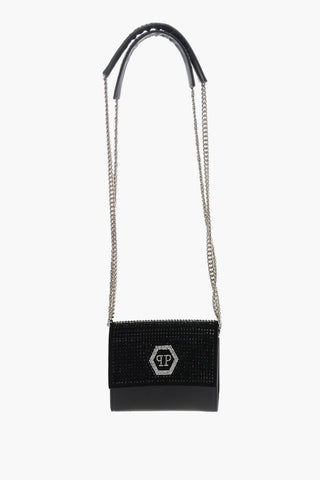 faux leather shoulder bag with rhinestone embellishment