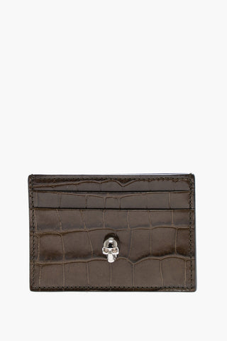 Crocodile Effect Leather Card Holder with Silver-Tone Skull