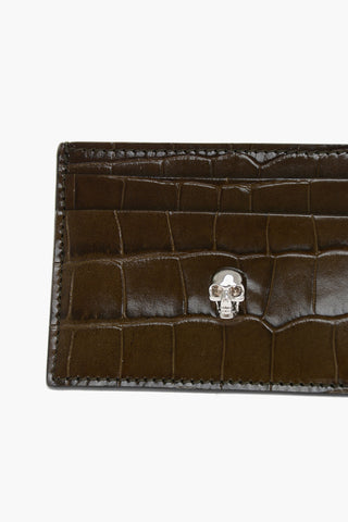 Crocodile Effect Leather Card Holder with Silver-Tone Skull
