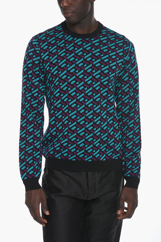 Wool Crewneck Sweater with Jacquard GREQUE Motif